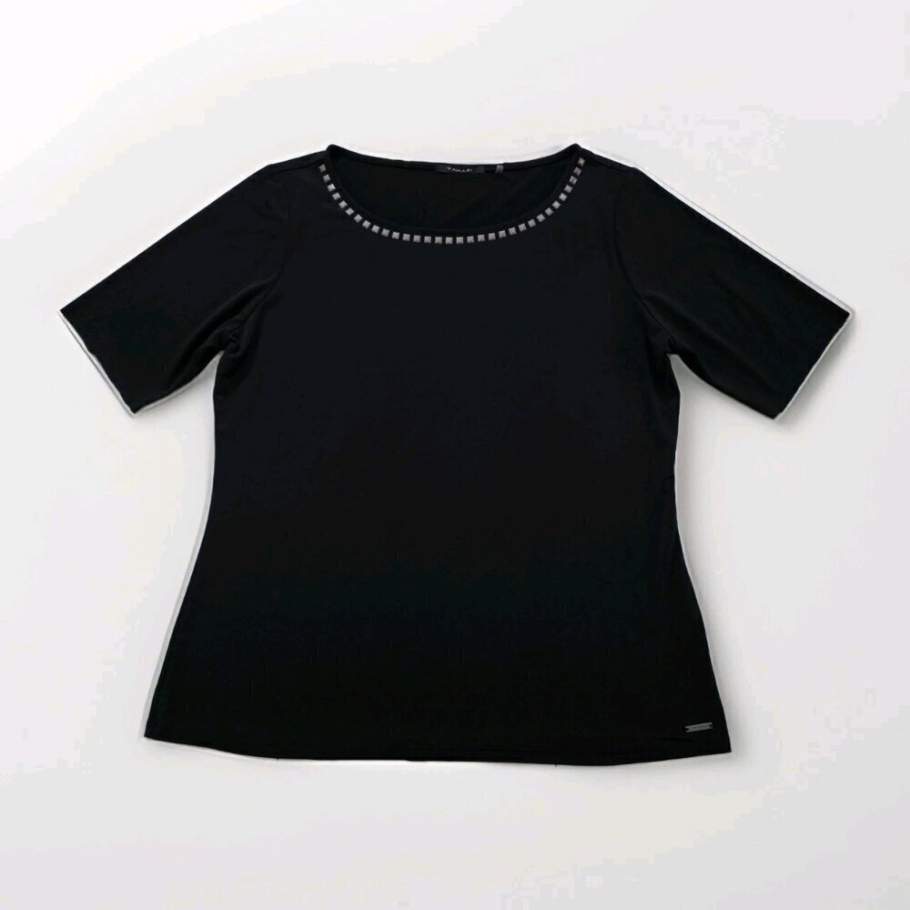 Tahari Top Womens L Black SS Studs Stretch Whimsigoth Office Mature Logo Capsule
